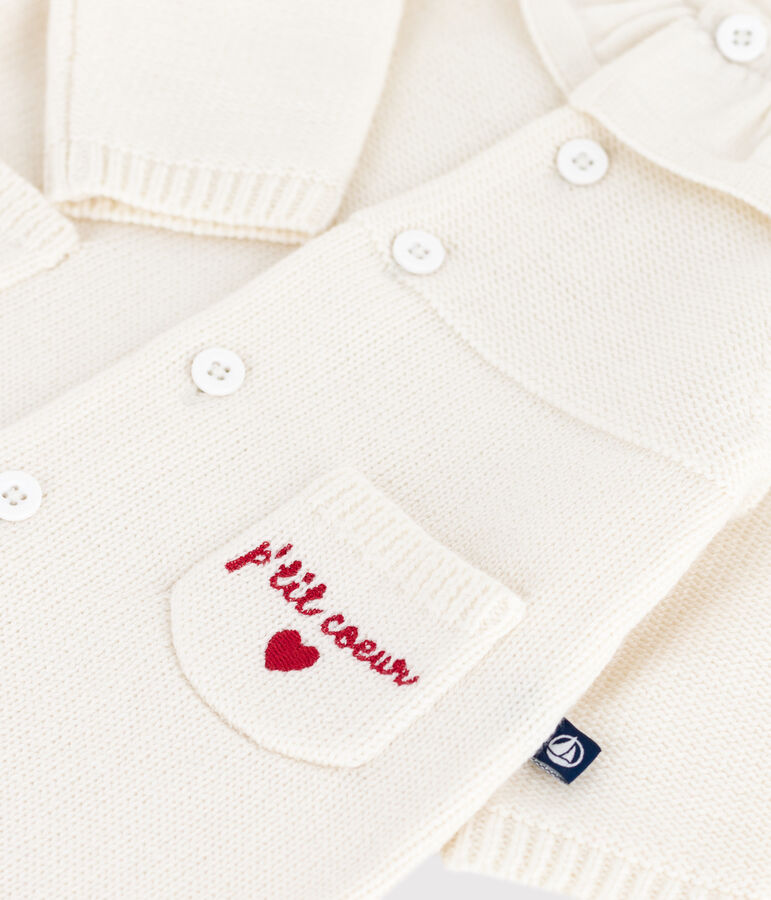 Combinaison b&eacute;b&eacute; &agrave; col en tricot et broderie P'tit C&oelig;ur blanc MARSHMALLOW