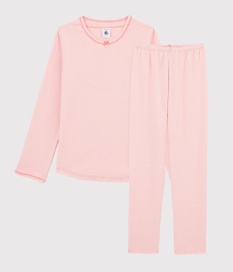 Pyjama &agrave; rayures milleraies petite fille en c&ocirc;te rose GRETEL/blanc MARSHMALLOW