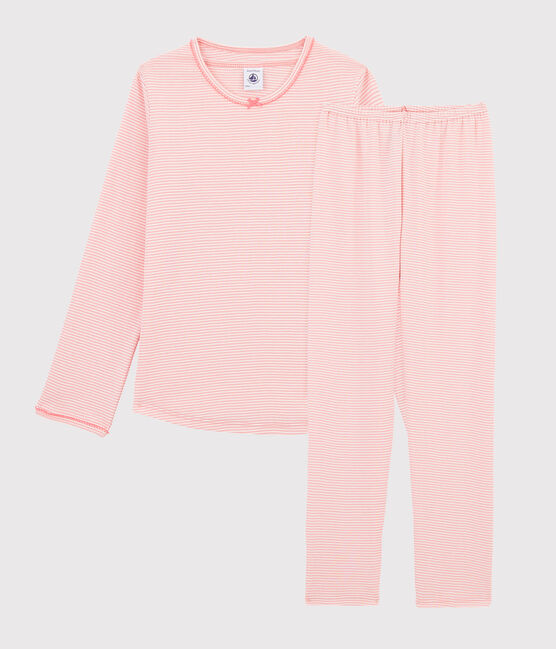 Pyjama à rayures milleraies petite fille en côte rose GRETEL/blanc MARSHMALLOW