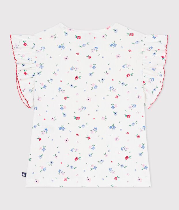 Tee-shirt enfant manches courtes en coton imprim&eacute; fleurs blanc/multicouleur