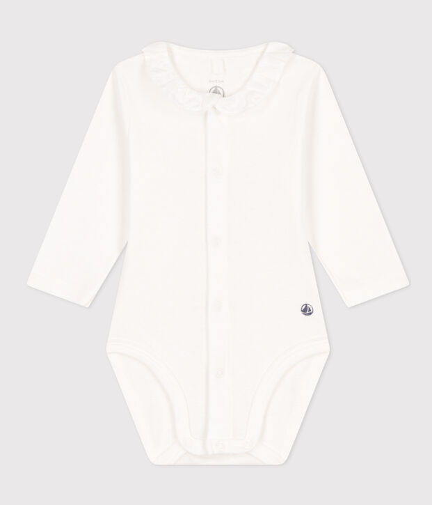Body manches longues &agrave; collerette en coton b&eacute;b&eacute; blanc