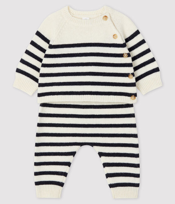 Ensemble 2 pièces à rayures bébé en tricot blanc MARSHMALLOW/bleu SMOKING