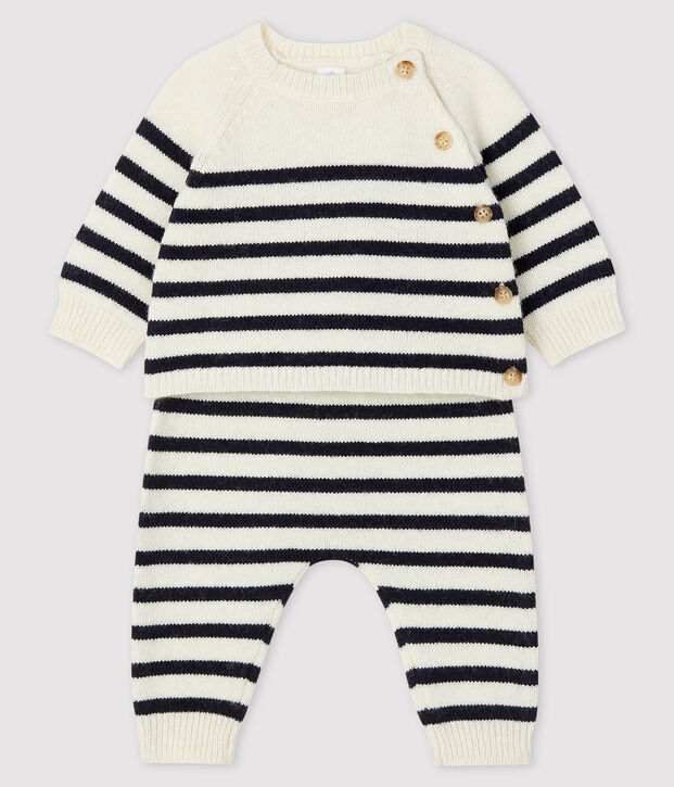 Ensemble 2 pi&egrave;ces &agrave; rayures b&eacute;b&eacute; en tricot blanc/bleu