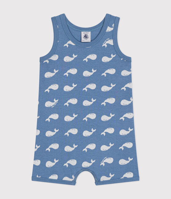Combinaison courte imprimé baleine bébé en coton bleu BEACH/ MARSHMALLOW