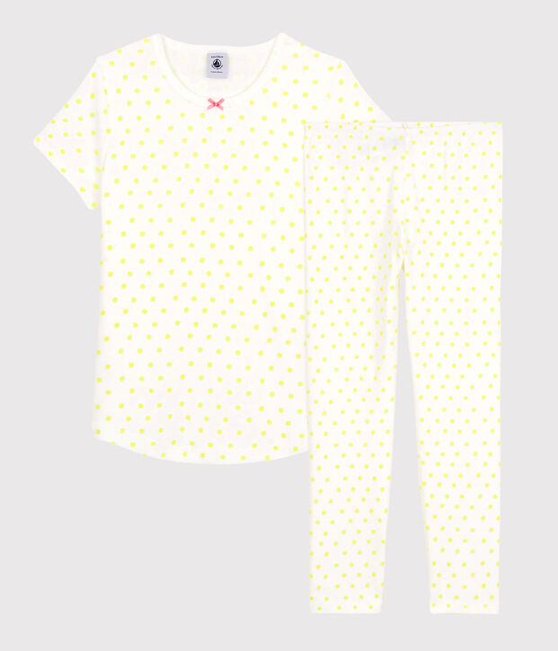 Pyjama &agrave; pois jaunes petite fille en coton blanc/jaune
