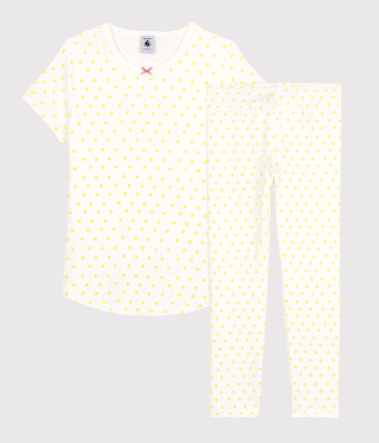 Pyjama &agrave; pois jaunes petite fille en coton blanc MARSHMALLOW/ SUNNY