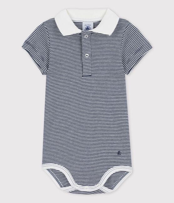 Body à col polo rayé milleraies en coton bio bébé bleu SMOKING/blanc MARSHMALLOW