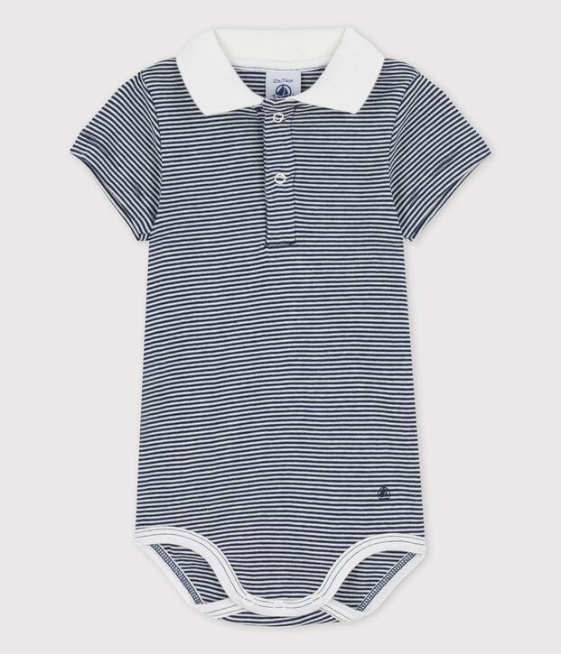 Body &agrave; col polo ray&eacute; milleraies en coton bio b&eacute;b&eacute; bleu/blanc