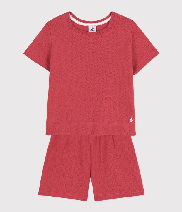 Pyjacourt uni en coton ajour&eacute; petite fille rose