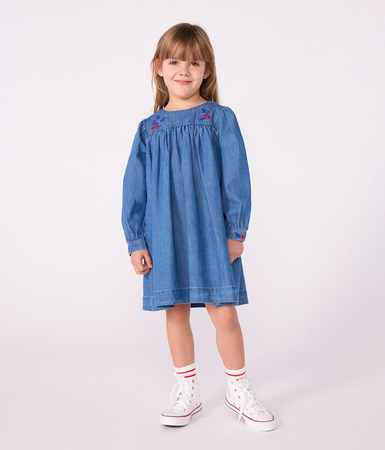 Robe enfant manches longues en denim bleu DENIM CLAIR