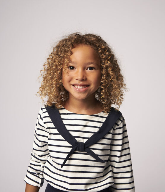 Tee-shirt manches longues en jersey enfant fille blanc MARSHMALLOW/bleu SMOKING