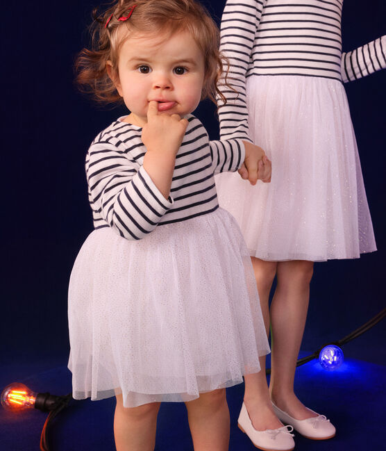 Robe en tubique rayé et tulle bébé blanc MARSHMALLOW/blanc MULTICO