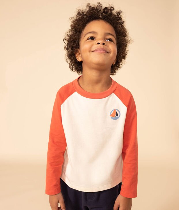 Tee-shirt manches longues en coton enfant gar&ccedil;on &eacute;cru/orange