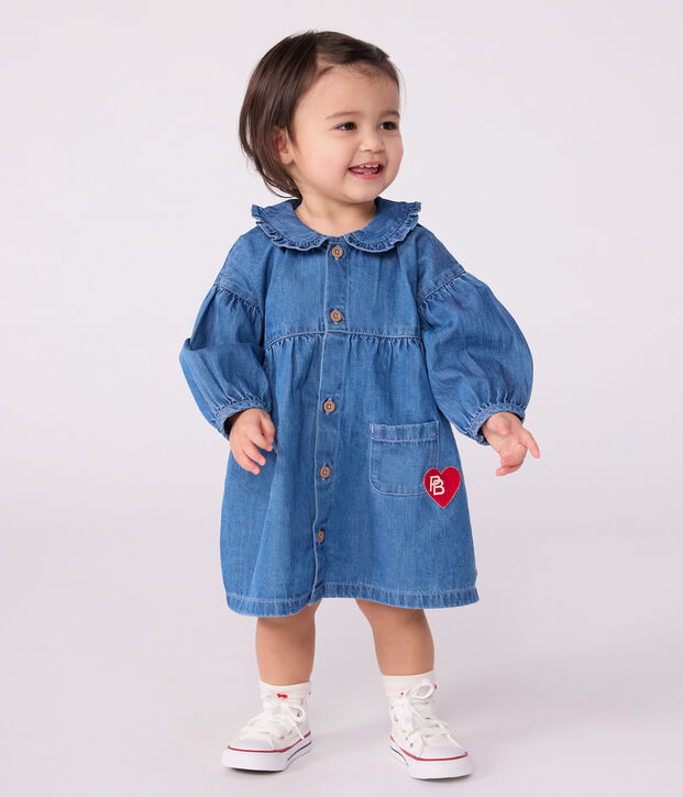 Robe b&eacute;b&eacute; en denim manches longues &agrave; col bleu