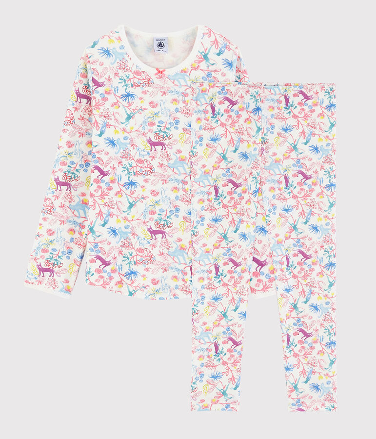 Pyjama imprim&eacute; jungle petite fille en coton blanc MARSHMALLOW/blanc MULTICO