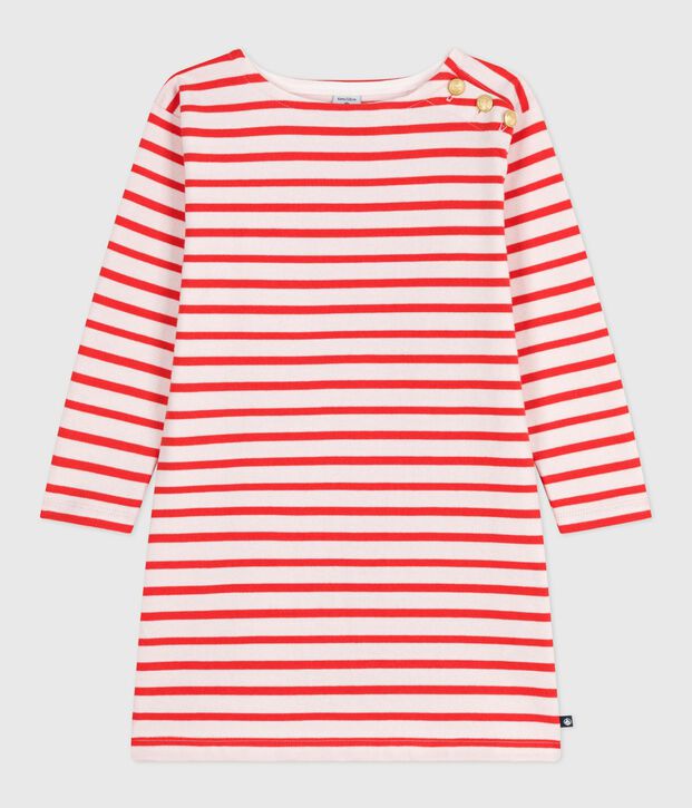 Robe enfant en coton manches longues &agrave; rayures rose/rouge