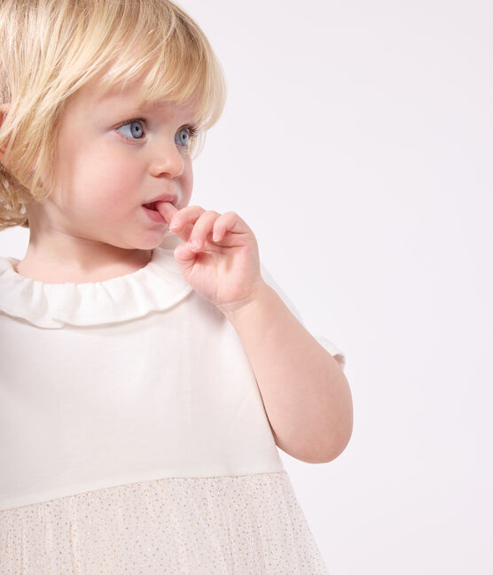 Robe bébé en coton et tulle manches courtes et colerette blanc MARSHMALLOW/rose COPPER