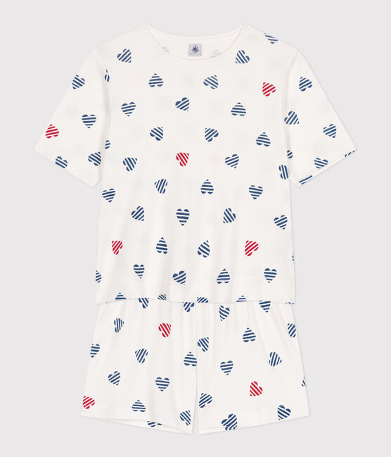 Pyjama short femme en coton imprimé coeurs blanc MARSHMALLOW/blanc MULTICO