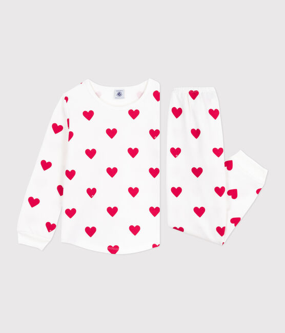 Pyjama enfant en molleton imprimé cœurs blanc MARSHMALLOW/rouge TERKUIT