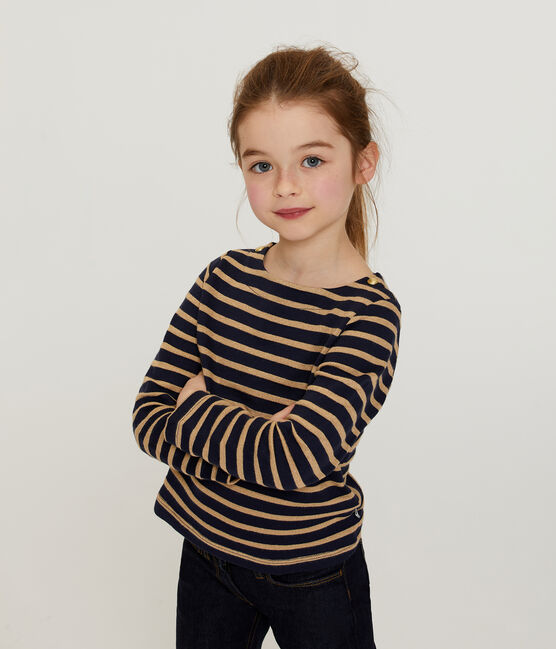 Marinière manches longues enfant fille bleu SMOKING/marron BRINDILLE BRILLANT