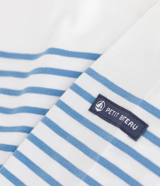 Teeshirt marinière enfant en coton manches longues blanc MARSHMALLOW/bleu ALASKA