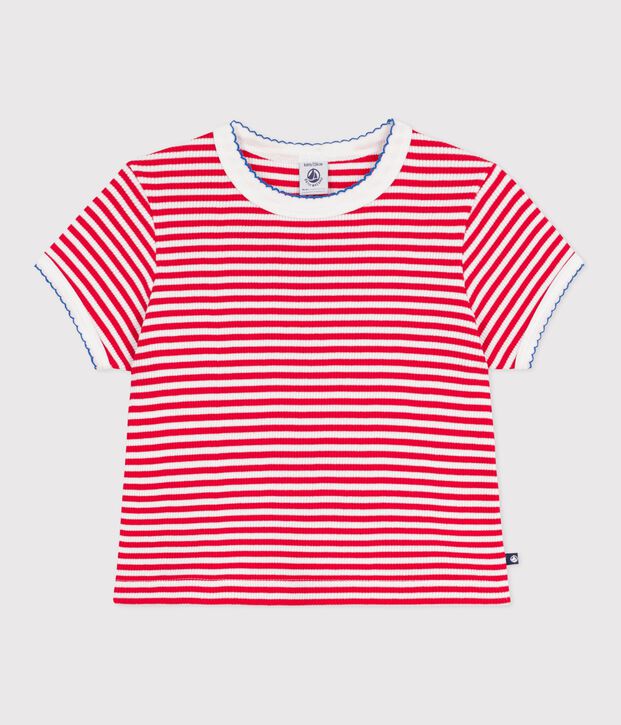 Tee-shirt enfant manches courtes en coton &agrave; rayures rouge/blanc