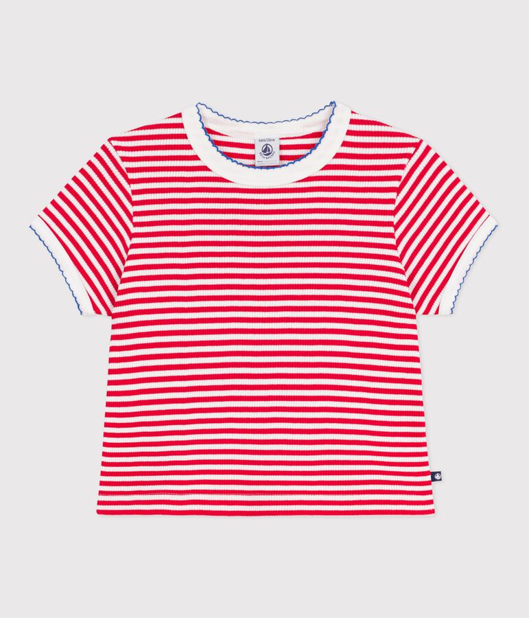 Tee-shirt enfant manches courtes en coton &agrave; rayures rouge POMPIER/ MARSHMALLOW