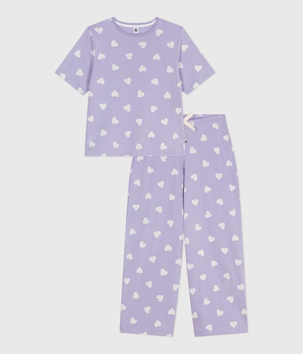 Pyjama femme en coton manches courtes jambes larges imprim&eacute; c&oelig;urs violet/blanc