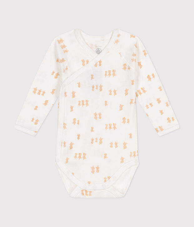 Body crois&eacute;s manches longues en coton b&eacute;b&eacute; blanc/beige