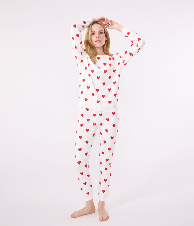 Pyjama c&oelig;ur en coton femme blanc/rouge