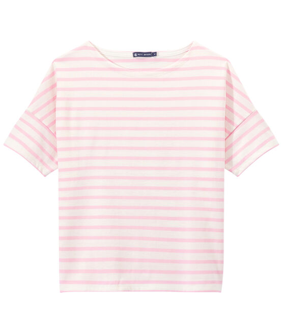 Marinière femme manches courtes en jersey blanc MARSHMALLOW/rose BABYLONE