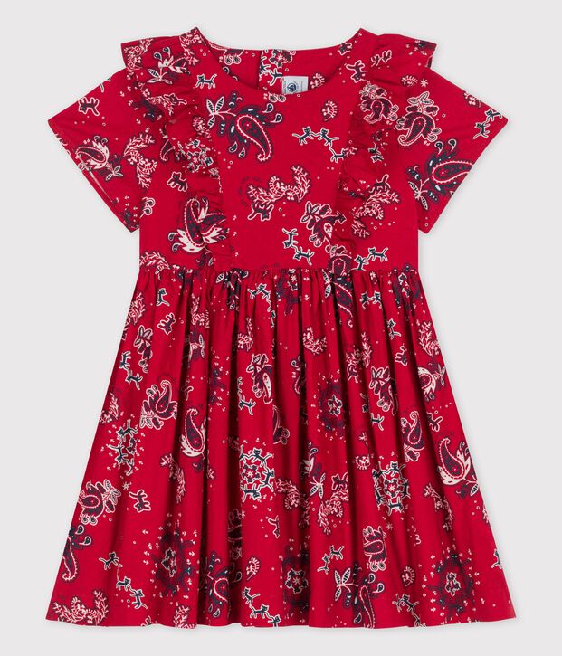 Robe manches courtes en popeline enfant fille rouge/multicouleur