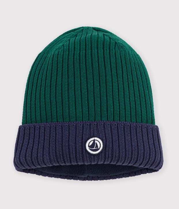 Bonnet enfant en tricot bicolore doubl&eacute; polaire vert/bleu