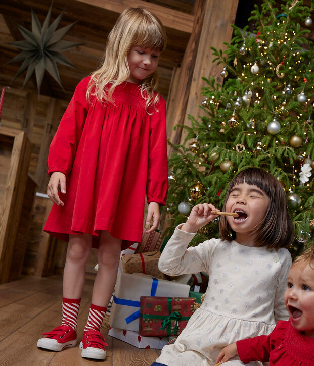 Robe manches longues en velours uni enfant fille rouge