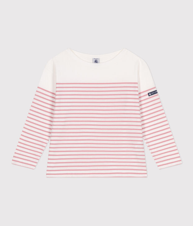 Teeshirt marini&egrave;re enfant en coton manches longues blanc/rose