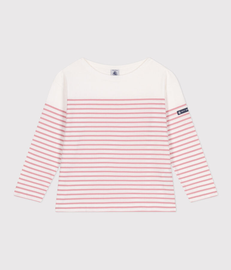Teeshirt marini&egrave;re enfant en coton manches longues blanc MARSHMALLOW/rose CHARME