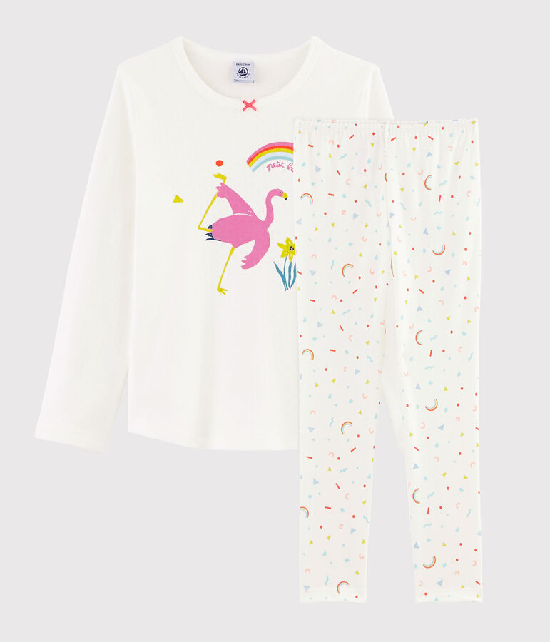 Pyjama flamand rose petite fille en c&ocirc;te blanc MARSHMALLOW/blanc MULTICO