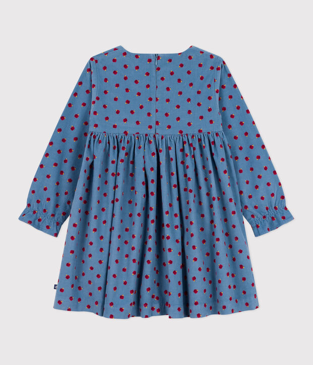 Robe enfant manches longues en velours imprim&eacute; bleu/multicouleur