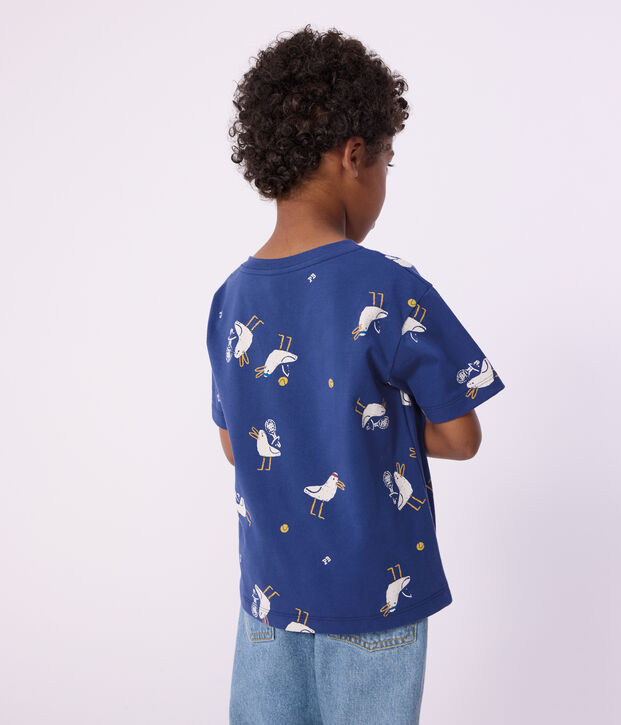 Tee-shirt enfant manches courtes en coton imprim&eacute; mouettes bleu/multicouleur