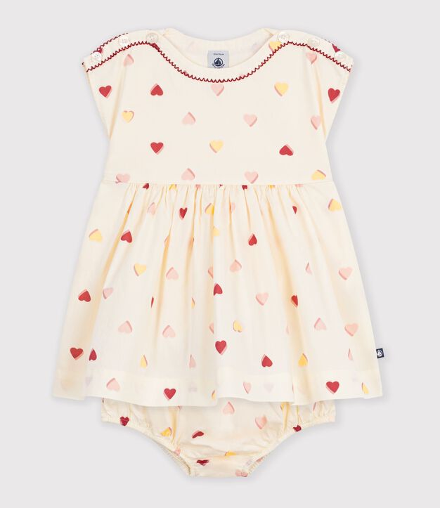 Robe b&eacute;b&eacute; en coton manches courtes imprim&eacute;e c&oelig;urs &eacute;cru/multicouleur