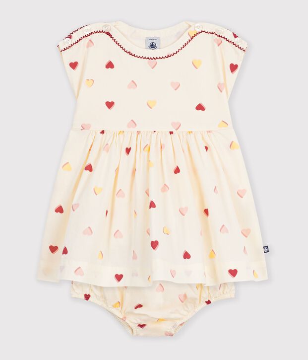 Robe b&eacute;b&eacute; en coton manches courtes imprim&eacute;e c&oelig;urs &eacute;cru/multicouleur