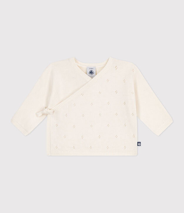 Brassi&egrave;re b&eacute;b&eacute; cache-c&oelig;ur ajour&eacute;e en tricot laine et coton blanc