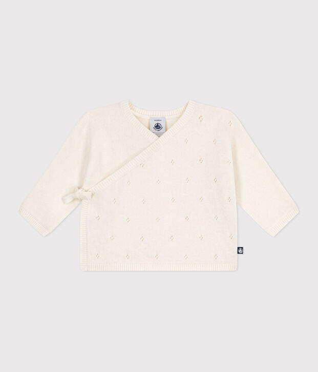 Brassi&egrave;re b&eacute;b&eacute; cache-c&oelig;ur ajour&eacute;e en tricot laine et coton blanc