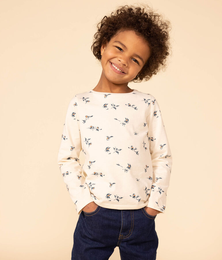 Tee-shirt manches longues en coton imprim&eacute; fleuri enfant fille &eacute;cru/multicouleur