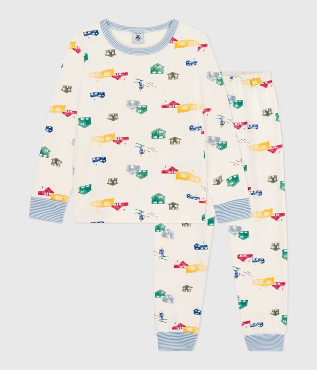 Pyjama enfant en molleton imprim&eacute; chalets &eacute;cru/multicouleur