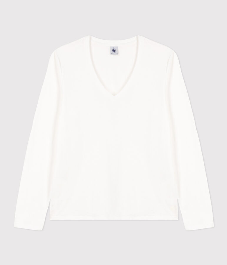 Tee-shirt LE DROIT col V en coton Femme blanc ECUME