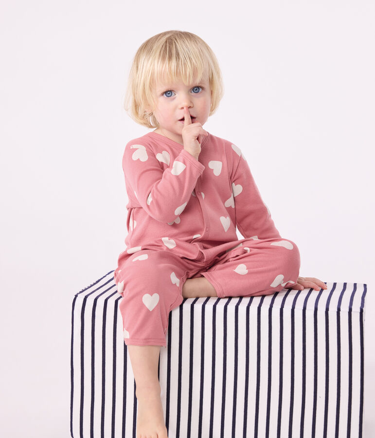 Pyjama sans pieds imprim&eacute; en coton b&eacute;b&eacute; rose/blanc