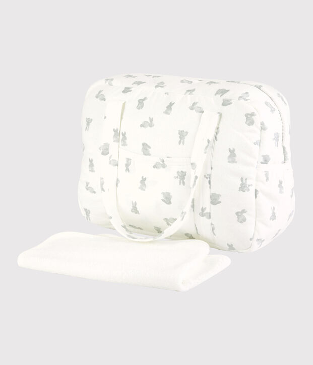 Lot sac et tapis &agrave; langer lapin b&eacute;b&eacute; en tubique en coton biologique blanc/gris