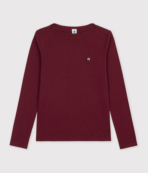Tee-shirt femme col amiral en coton manches longues bordeaux