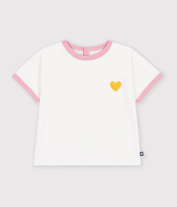 Tee-shirt b&eacute;b&eacute; en coton manches courtes uni et badge c&oelig;ur blanc